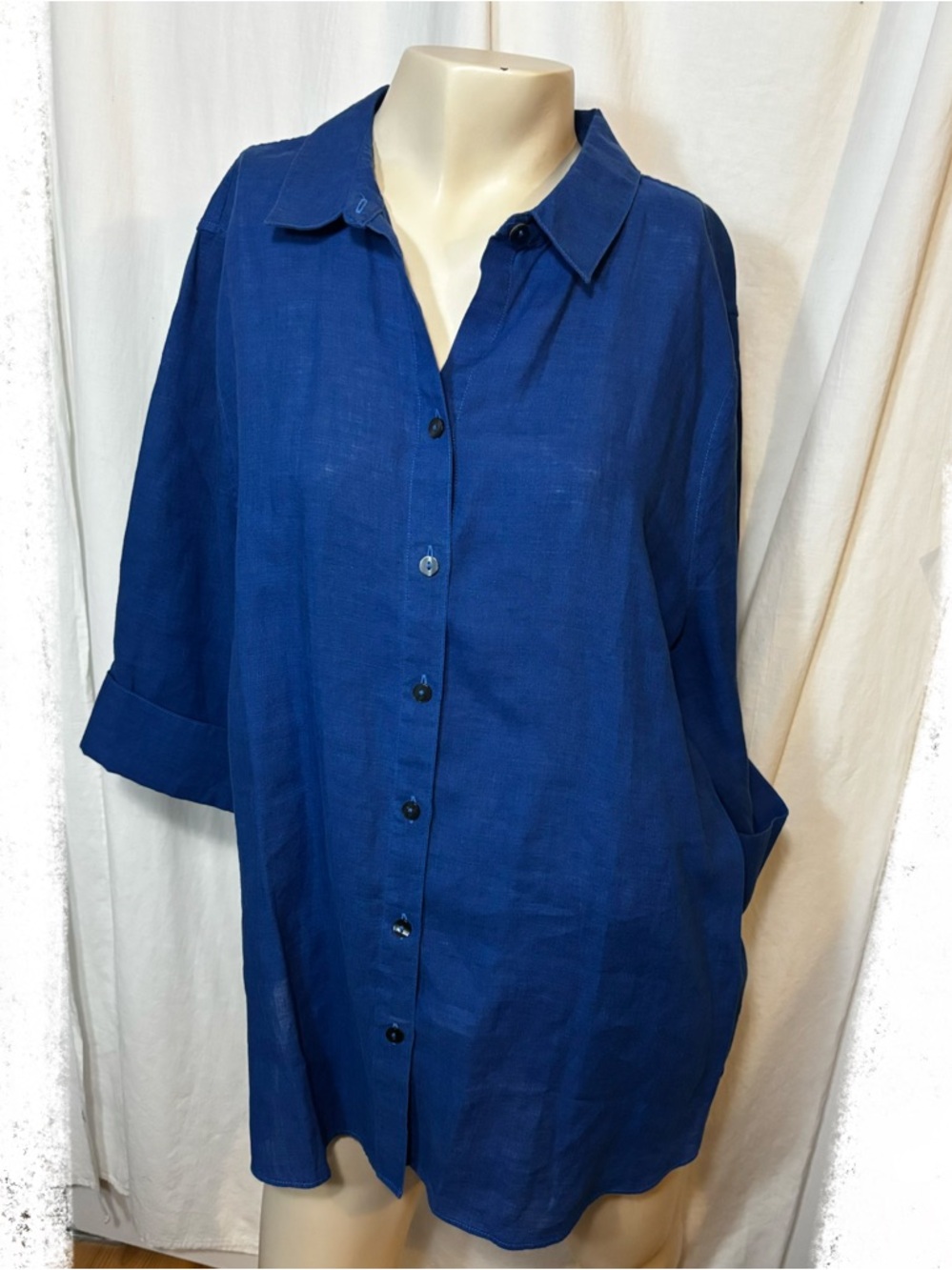 NWT Chico’s no-iron navy blue linen quarter sleeve button down top size 12
